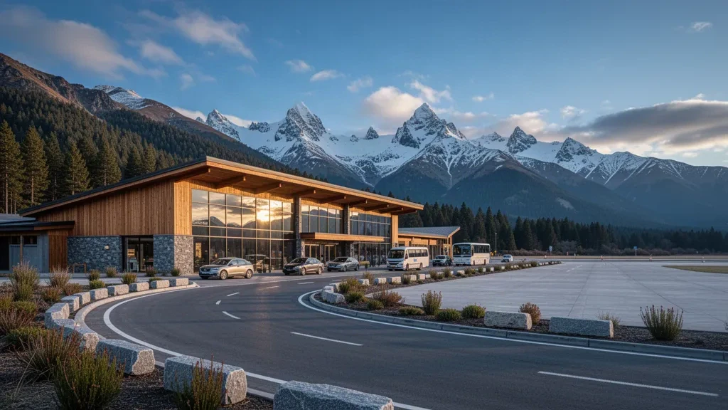 Aviador Carlos Campos Airport terminal in San Martín de los Andes, its drop-off lane and glass facade set against snow-dusted Patagonian Andes peaks