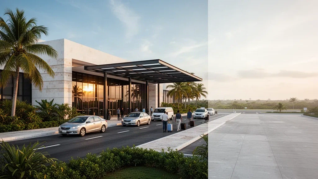 Exterior de una terminal moderna y carril de descenso en el Aeropuerto Internacional de Campeche, en México, rodeado de palmeras tropicales bajo la cálida luz del atardecer