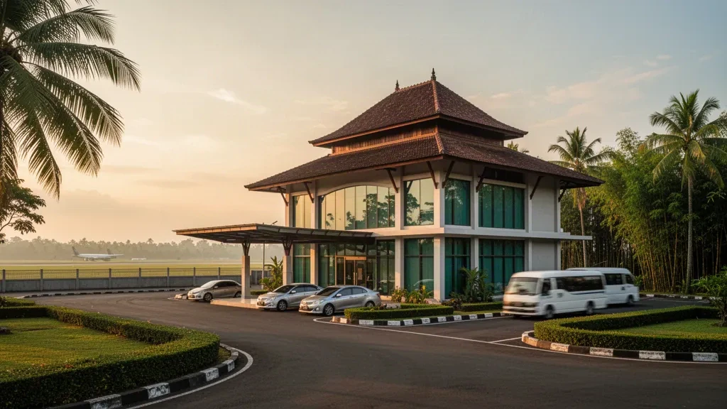 Ngloram Airport terminal in Cepu, Blora, with a joglo-style roof and curved glass facade glowing at golden hour beside an empty drop-off lane
