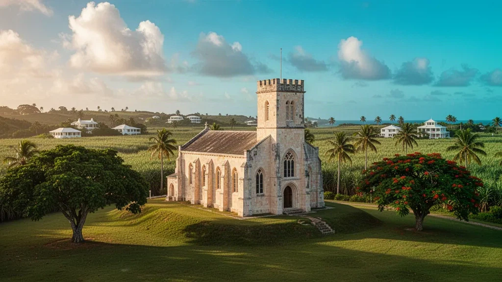 Saint Thomas, Barbados'ta tropikal yeşillikler ve uzanan şeker kamışı tepeleriyle çevrili tarihi mercan taşı bölge kilisesi
