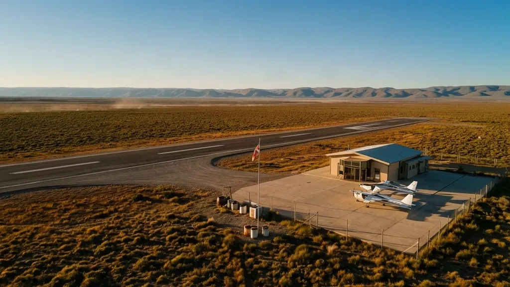 Piccolo piazzale aeroportuale e terminal dell'Aeroporto di Carmen de Patagones in Argentina, con aerei leggeri parcheggiati accanto alla pista sotto un cielo patagonico sereno