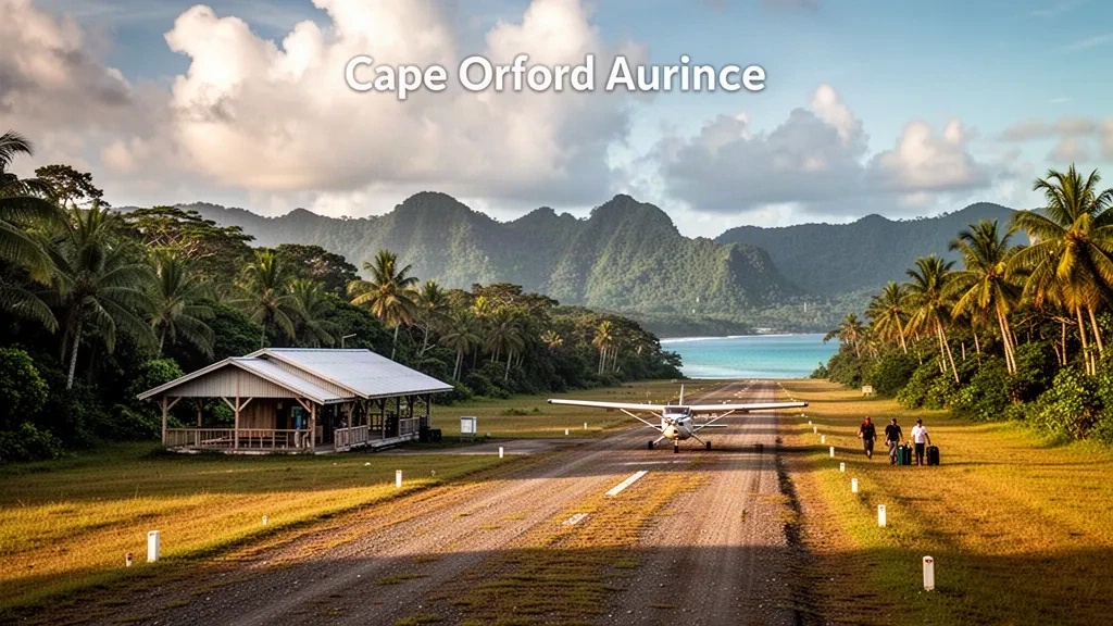 Remote tropical airstrip at Cape Orford Airport in Papua New Guinea, bordered by dense rainforest and coastal hills in warm afternoon light.