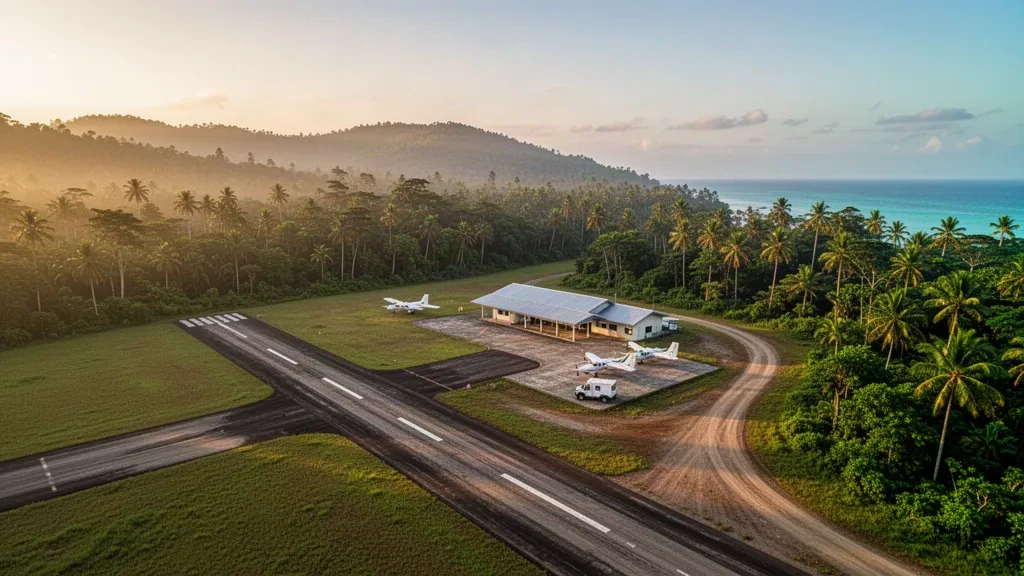 Papua Yeni Gine'deki Cape Rodney Havaalanı, altın saatte mütevazı bir terminal binası, park etmiş küçük uçaklar ve yağmur ormanı tepeleriyle küçük bir tropikal pist.