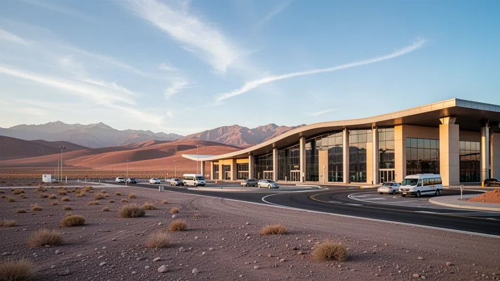 Moderna terminal de vidrio del Aeropuerto Desierto de Atacama en Chile, enmarcada por colinas áridas del desierto y cielo despejado a la hora dorada