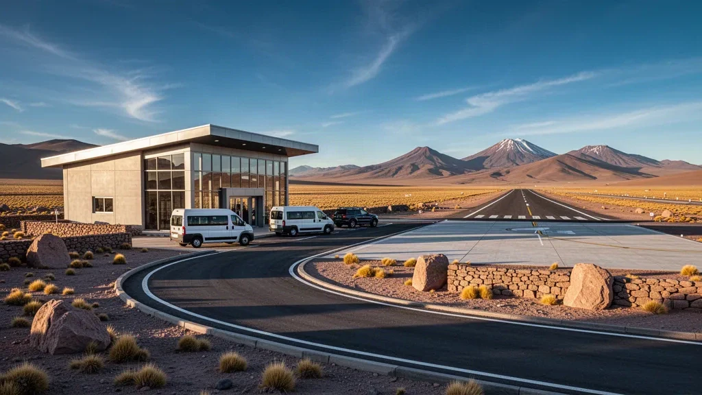 Plataforma del Aeropuerto Coposa y terminal compacta en los Andes de altura del norte de Chile, con un carril de descenso, furgonetas estacionadas y volcanes distantes