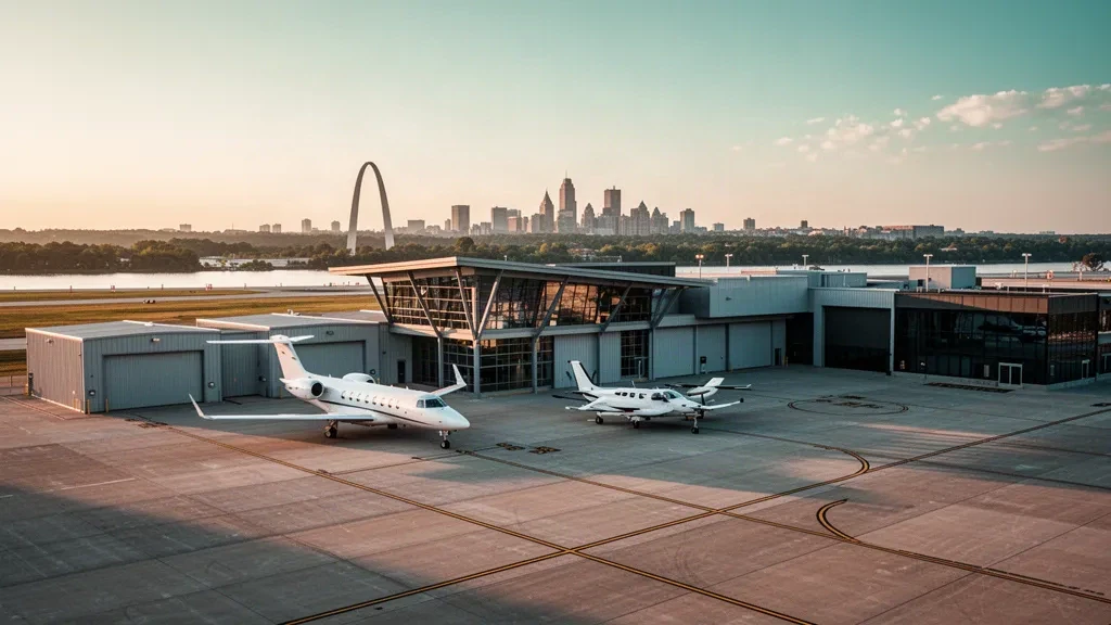 Business jet and hangars on the apron at St. Louis Downtown Airport at golden hour with the city skyline across the river