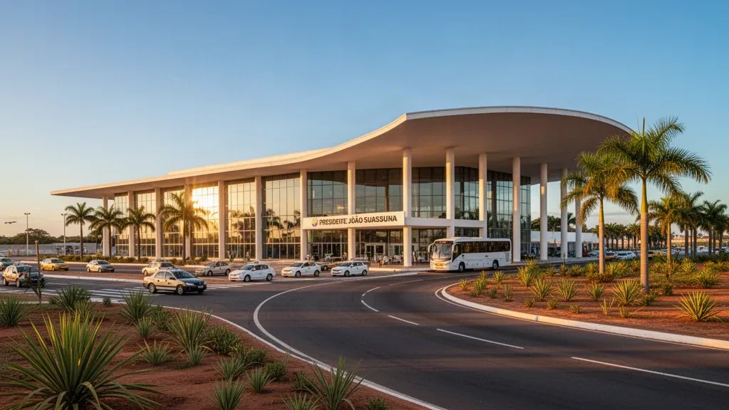 Brezilya'nın Campina Grande kentindeki Presidente João Suassuna Havalimanı'nda gün batımında modern cam terminal binasının dış cephesi, yolcu indirme şeritleri ve tropikal peyzaj.