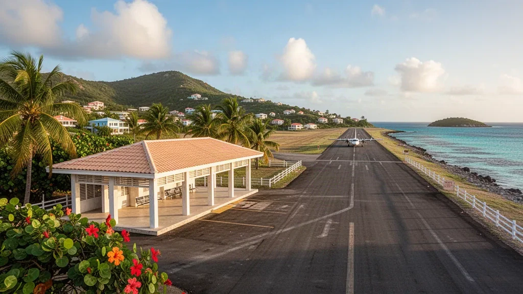 Tropisches Karibikterminal und Rollfeld am Flughafen Benjamín Rivera Noriega auf der Insel Culebra im goldenen Nachmittagslicht