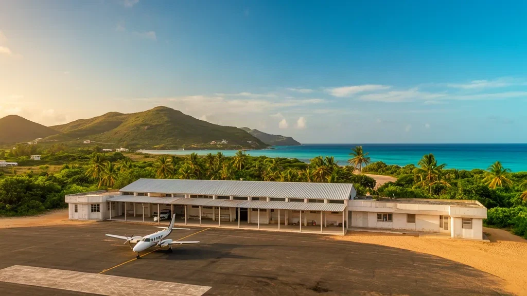 Petit terminal tropical et aire de stationnement de la piste à l'aéroport Benjamin Rivera Noriega sur l'île de Culebra, à Porto Rico, entouré de palmiers et de la mer des Caraïbes turquoise