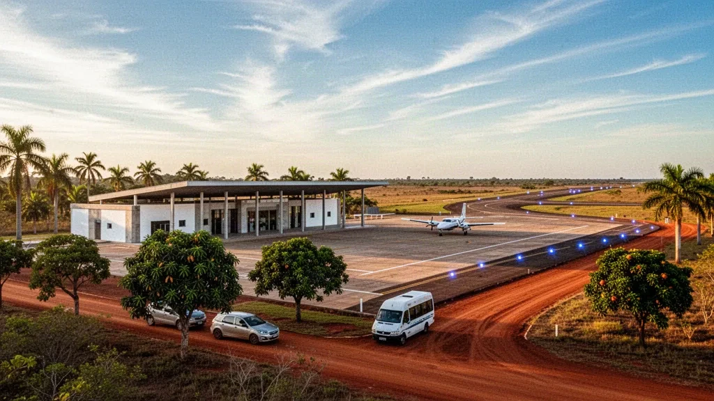 Piccolo terminal aeroportuale regionale e piazzale di sosta a Canarana nel Mato Grosso, Brasile, con un aereo leggero sotto una luce dorata