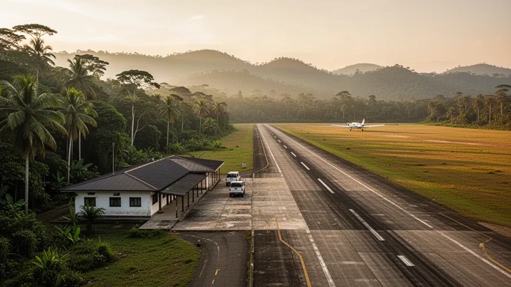 Small regional airstrip and modest terminal at Caquetania Airport in Colombia's Caquetá rainforest, framed by tropical canopy at sunrise.