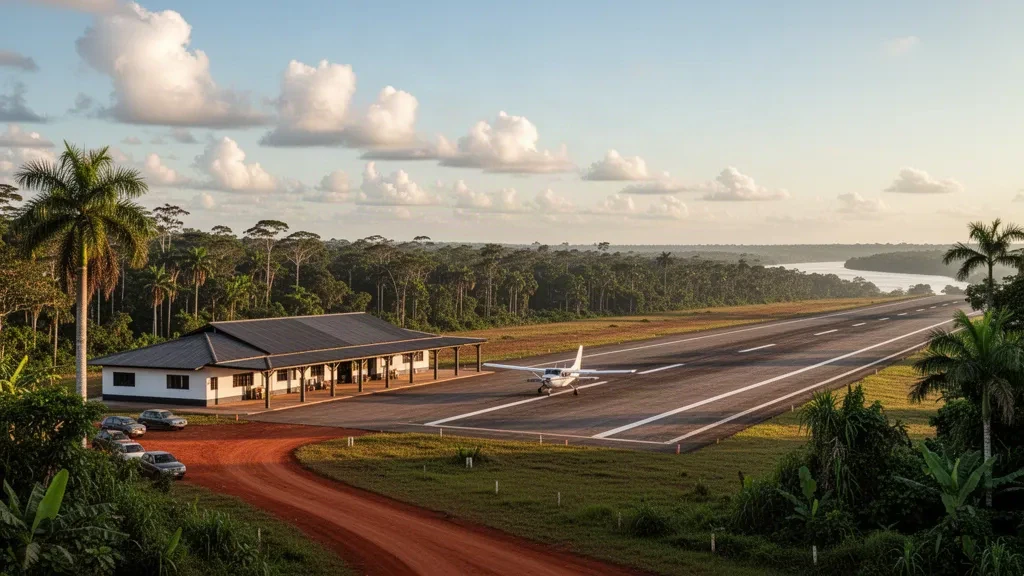 Brezilya'nın Rondônia eyaletindeki Costa Marques Havalimanı'nda Amazon yağmur ormanlarıyla çevrili küçük bölgesel terminal ve işaretsiz pist