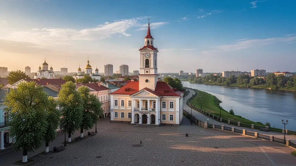 Historic Mogilev town hall tower and Dnieper River embankment in Belarus at golden hour