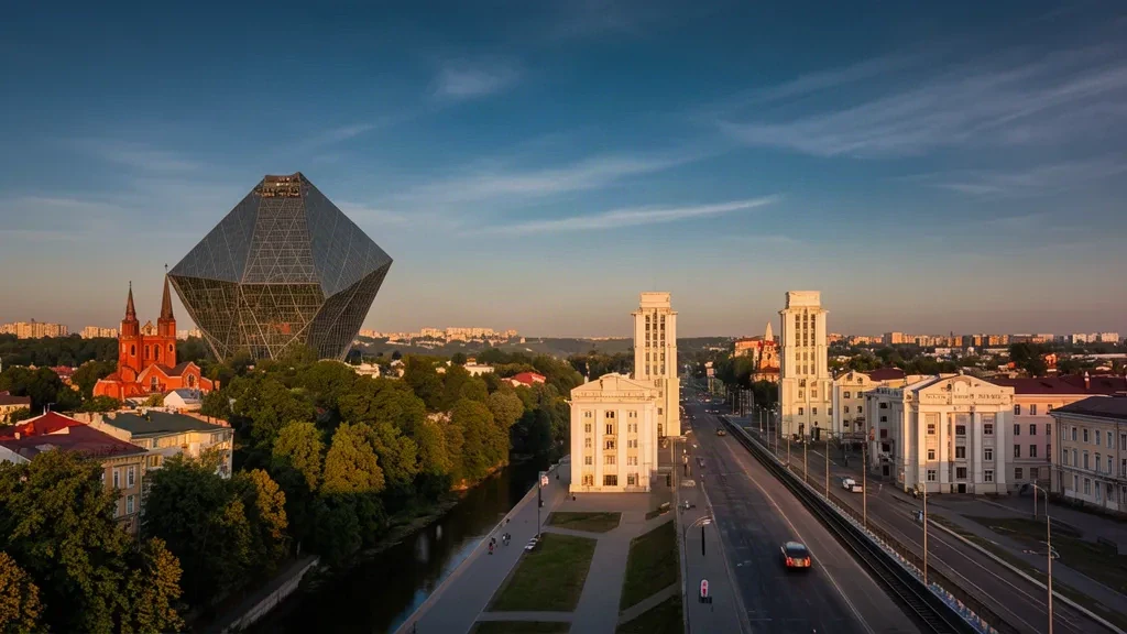 Minsk skyline at golden hour with the National Library of Belarus and the Svislach River embankment, a premium city travel view