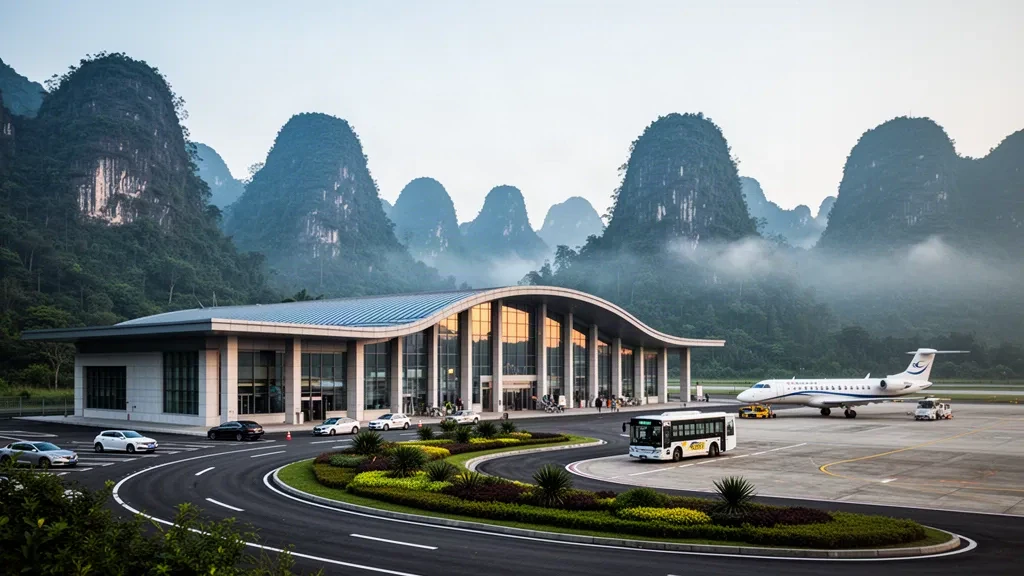 Terminal moderno in vetro e corsia di sosta all'aeroporto di Chongqing Xiannüshan, incorniciati dalle montagne carsiche avvolte nella nebbia di Wulong all'alba