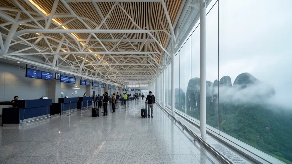 Sala partenze dell'aeroporto di Chongqing Xiannüshan a Wulong, con banchi check-in e montagne carsiche avvolte nella nebbia oltre la parete vetrata del terminal.