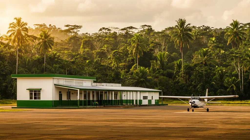 Esterno del piccolo terminal regionale dell'Aeroporto di Caquetania in Colombia, circondato dalla foresta pluviale amazzonica.