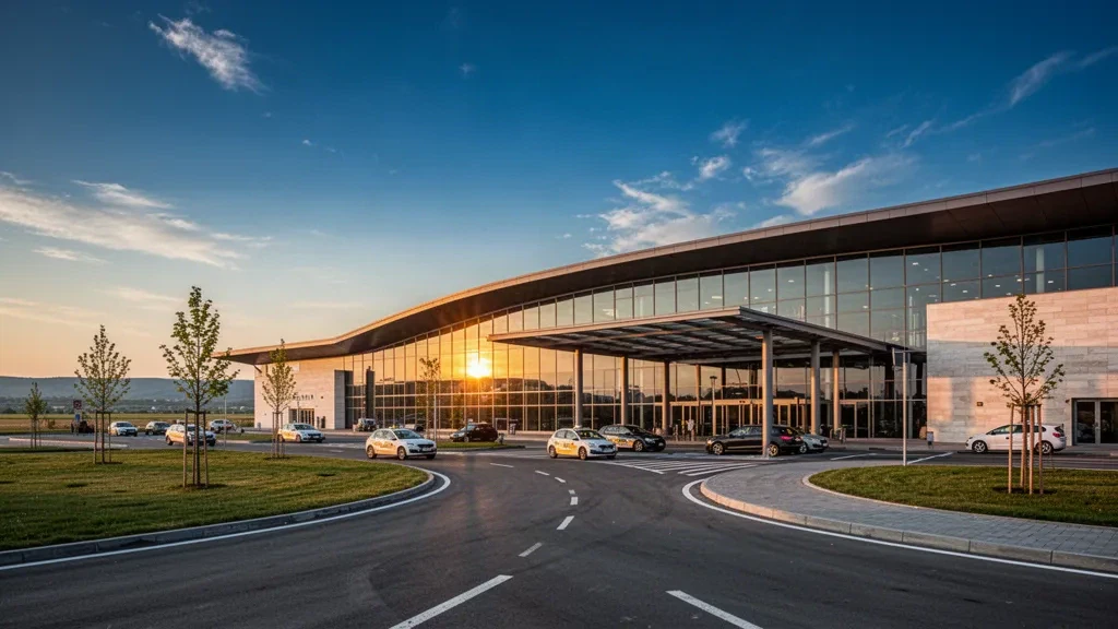 Moderne Glasfassade des Terminals am Flughafen Craiova International mit Bringspuren und Taxis in warmem goldenen Abendlicht