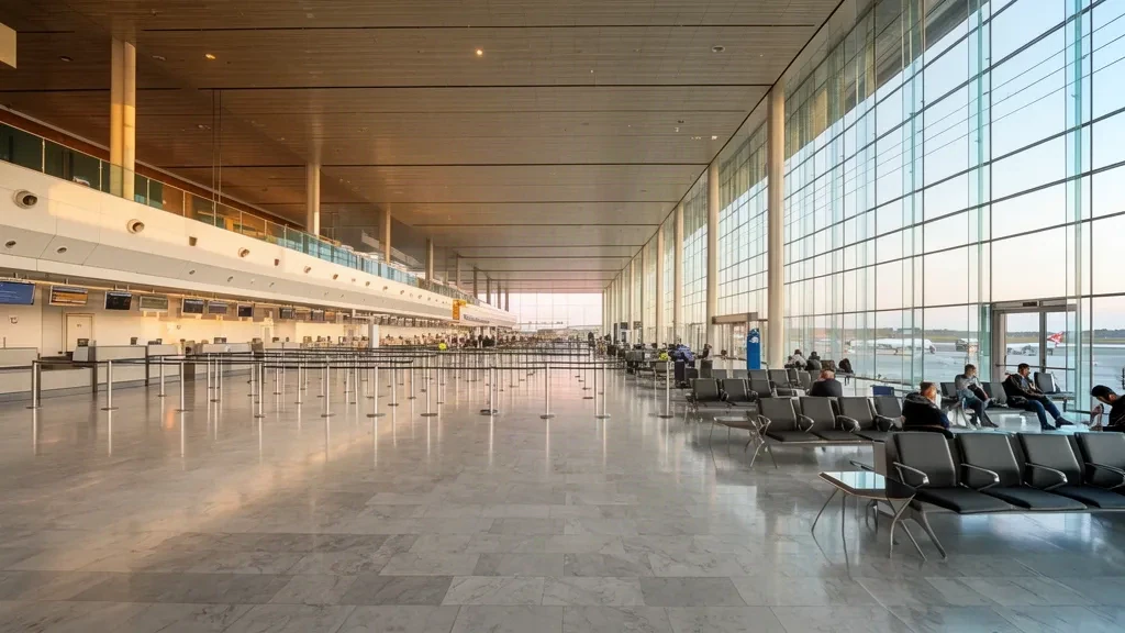 Vista interior de la moderna sala de salidas del Aeropuerto Internacional de Craiova en Rumanía, con viajeros y luz natural.