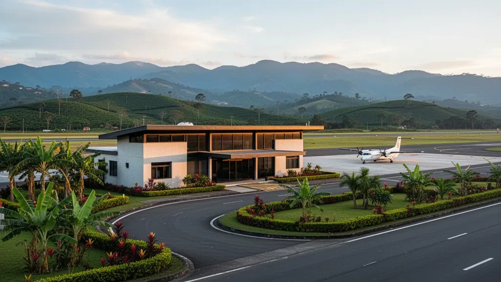 Luz cálida de la tarde sobre el Aeropuerto Santa Ana en Cartago, Colombia, con una pequeña terminal regional, vegetación tropical y estribaciones andinas