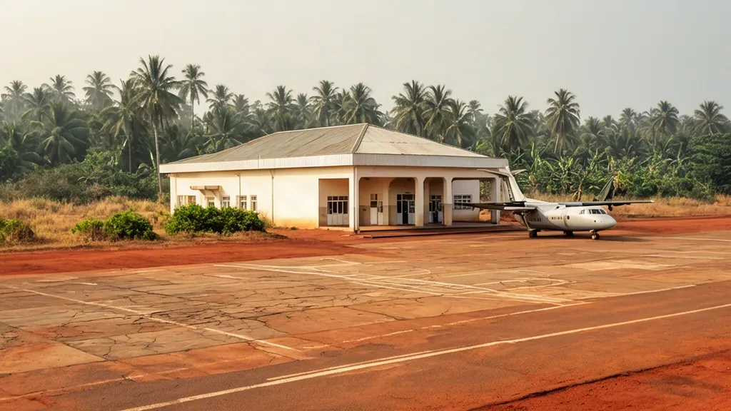 Kleines cremefarbenes Terminalgebäude und ruhiges Vorfeld am Flughafen Carnot in der Zentralafrikanischen Republik, umrahmt von Palmen und tropischer Vegetation