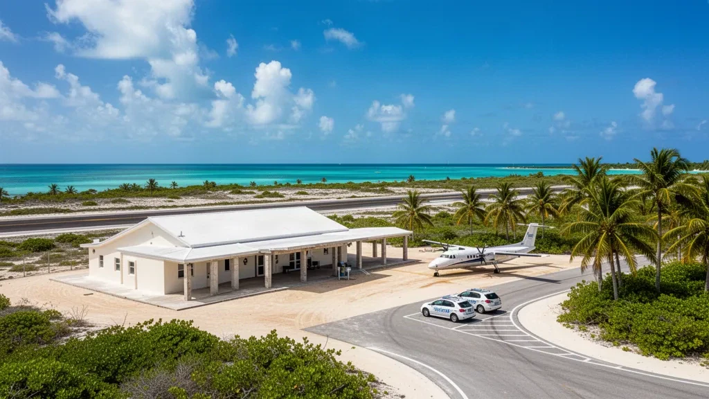 Colonel Hill Airport on Crooked Island, Bahamas, with a small tropical terminal, palm trees and a sunlit runway under clear Caribbean skies