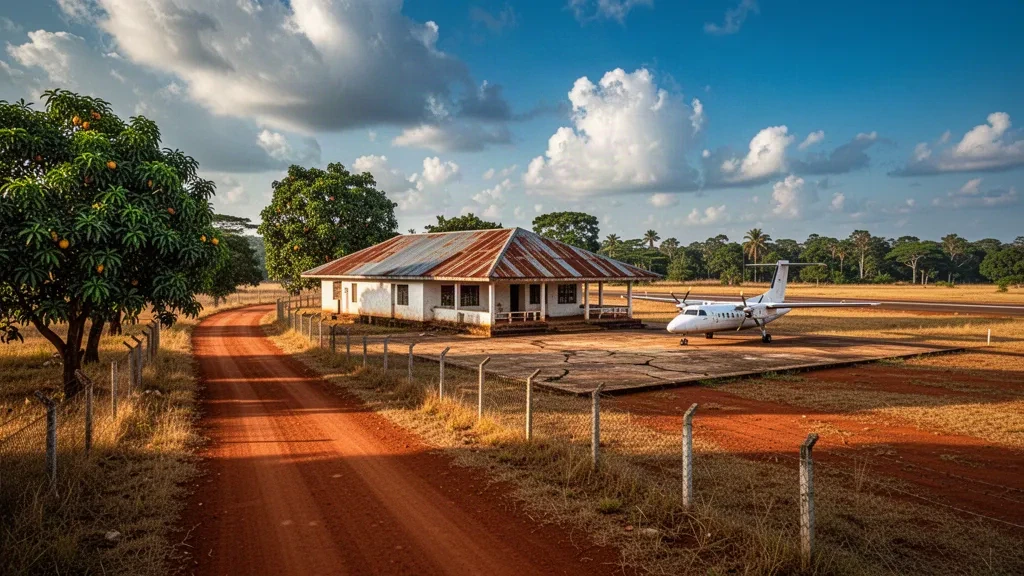 Edificio terminal basso e pista in terra rossa all'Aeroporto di Carnot nella Repubblica Centrafricana sotto la luce dorata del tardo pomeriggio