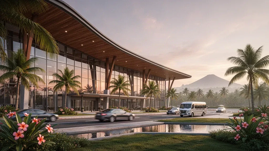 Clark International Airport's sweeping modern terminal exterior and landscaped drop-off lanes glowing in warm golden-hour light in Pampanga