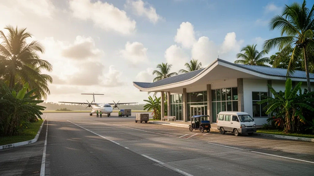 Filipinler'in Kuzey Samar bölgesindeki Catarman Ulusal Havalimanı'nda parlak öğleden sonra ışığı altında tropikal terminal ve yolcu indirme şeridi