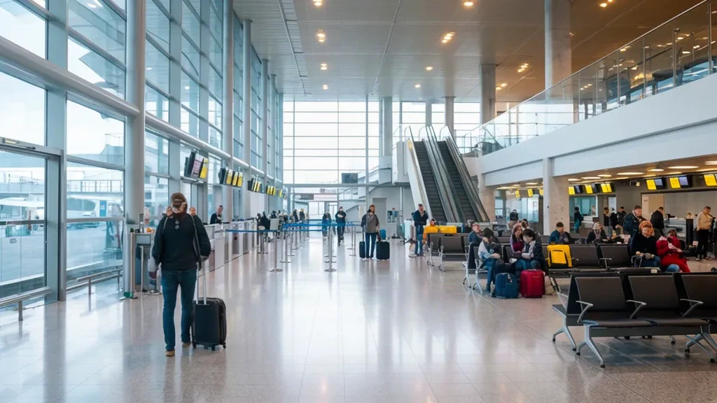Travelers with luggage walking through the bright modern terminal interior at Brussels South Charleroi Airport.