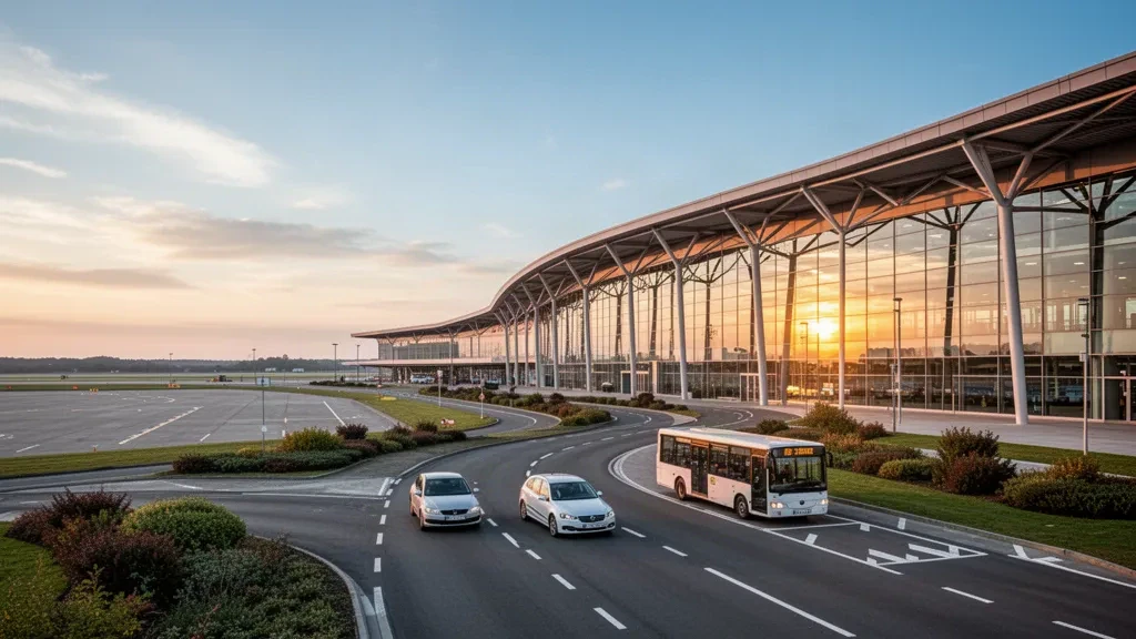 Moderne gläserne Terminalfassade und Bringspuren am Flughafen Brussels South Charleroi in Belgien zur goldenen Stunde