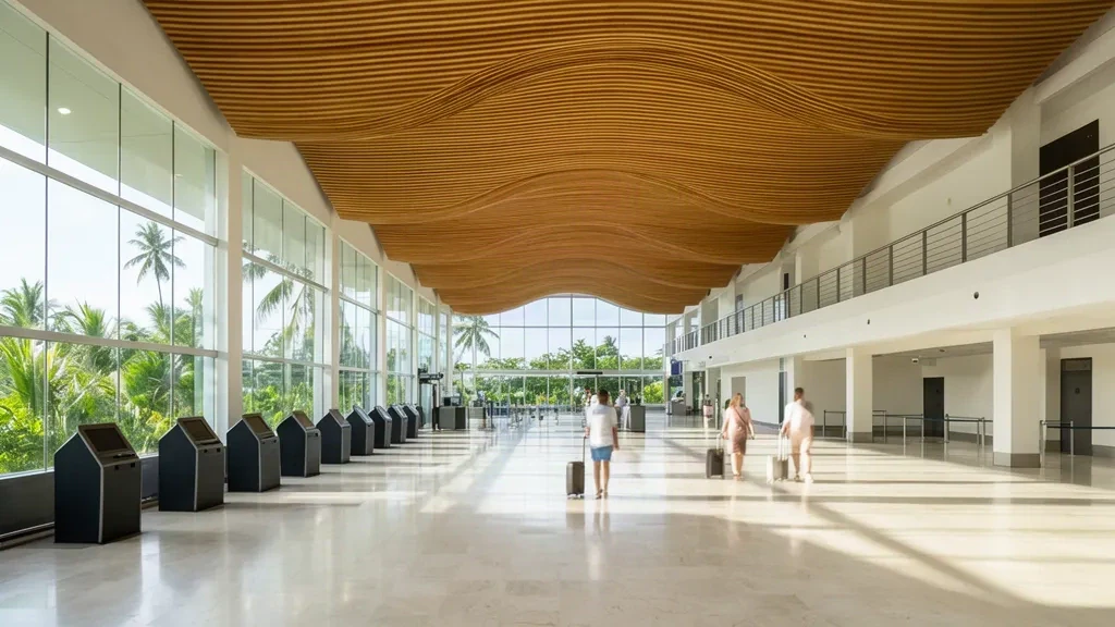 Amplia sala de salidas dentro del Aeropuerto Internacional Clark en Pampanga con techo curvo de madera y luz tropical