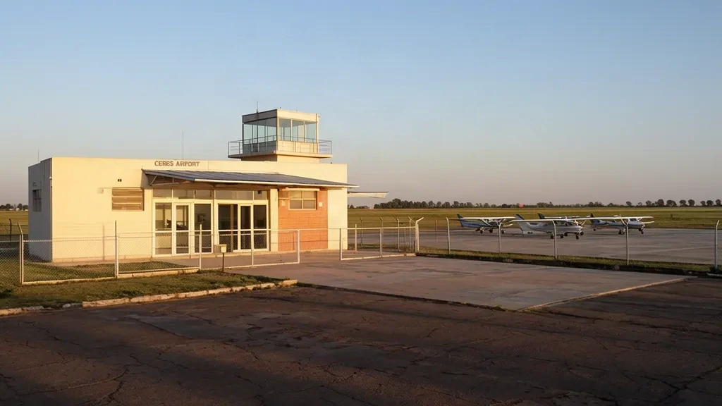 Small regional terminal building, control tower and parked light aircraft on the apron at Ceres Airport in Santa Fe, Argentina