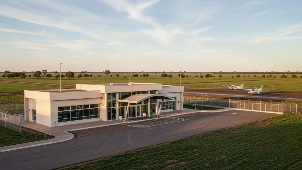 Petit terminal d'aéroport régional avec façade vitrée et tarmac près de Ceres, Santa Fe, Argentine, dans une lumière chaude de fin d'après-midi
