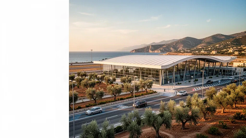 Außenansicht eines modernen gläsernen Terminals am Flughafen Crotone Sant'Anna Pythagoras in Kalabrien mit Bringspuren und mediterranen Hügeln zur goldenen Stunde.