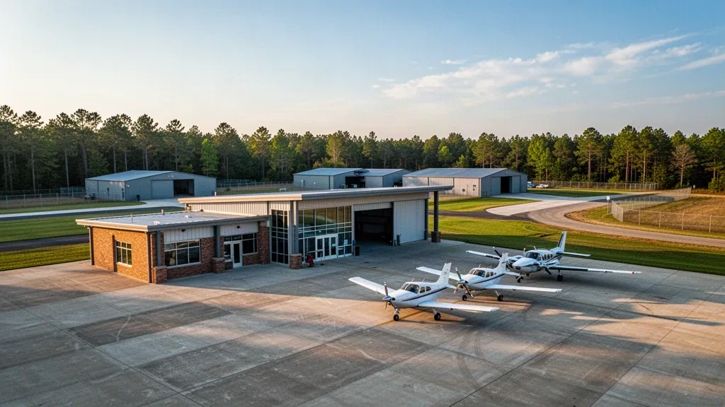 Aéroport Roscoe Turner à Corinth, Mississippi, montrant son petit terminal, ses hangars et des avions légers sur la piste dans une lumière dorée