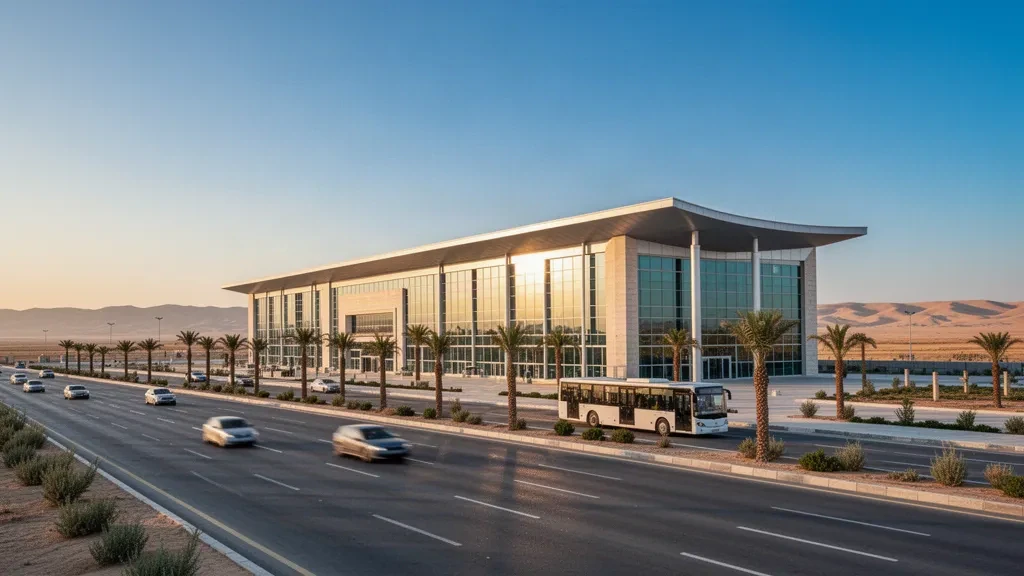 Modern glass terminal exterior at Turkmenabat International Airport in warm golden hour light, with clean access roads and open sky