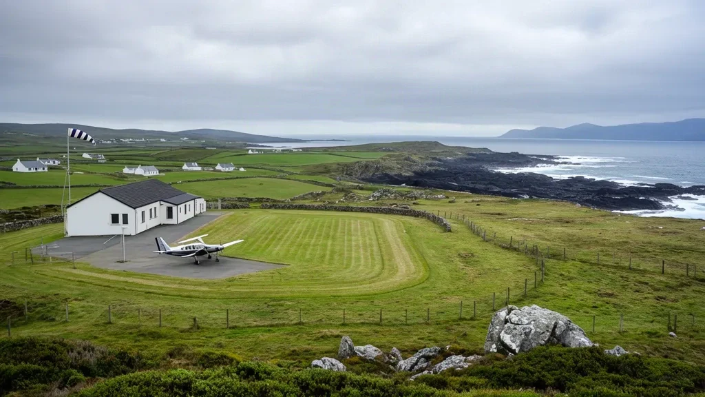 Grass runway, small white terminal building and windsock at Colonsay Airstrip on the Isle of Colonsay, Scotland