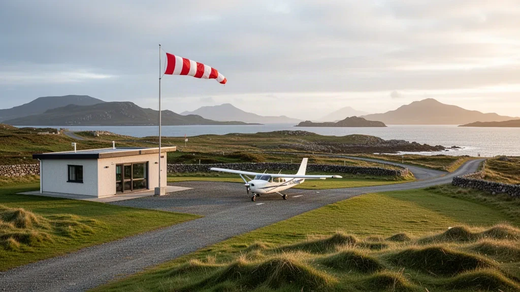 Kleiner Inselflugplatz auf Colonsay, Schottland, mit kurzer Küstenlandebahn, Leichtflugzeugen und Blick auf die Hebridensee