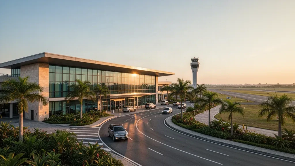 Vista cálida durante la hora dorada de la terminal de vidrio de poca altura del Aeropuerto Mojica, carril curvo de descenso y paisajismo tropical junto a la pista