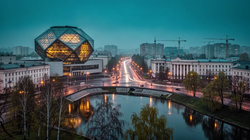 Alacakaranlıkta, Belarus'un elmas biçimli Ulusal Kütüphanesi ve Svislach Nehri kıyısını gösteren Minsk silüeti