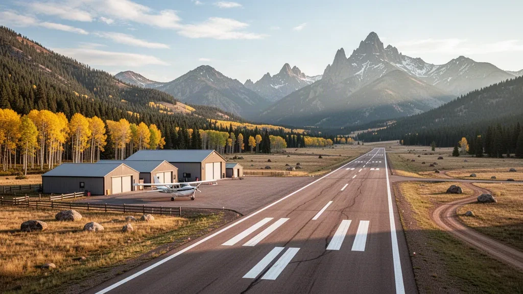 Petite piste de montagne et hangars à l'aéroport de Crested Butte dans le Colorado, encadrés par des trembles dorés et les Elk Mountains au coucher du soleil
