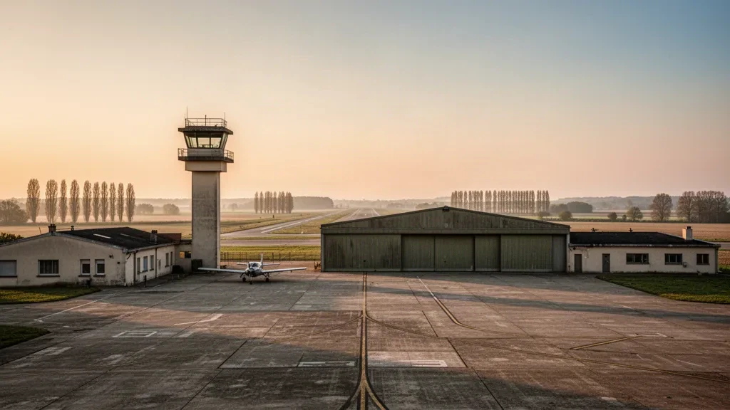 Veduta della Base Aerea di Creil durante l'ora d'oro, con piazzale in cemento, hangar e una torre di controllo sullo sfondo di campagne e boschi della Piccardia
