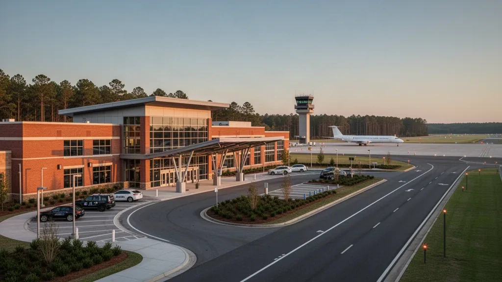 Weitwinkelansicht des CSG-Terminals am Columbus Airport in Georgia mit geschwungener Vorfahrtspur und Regionaljet zur goldenen Stunde.