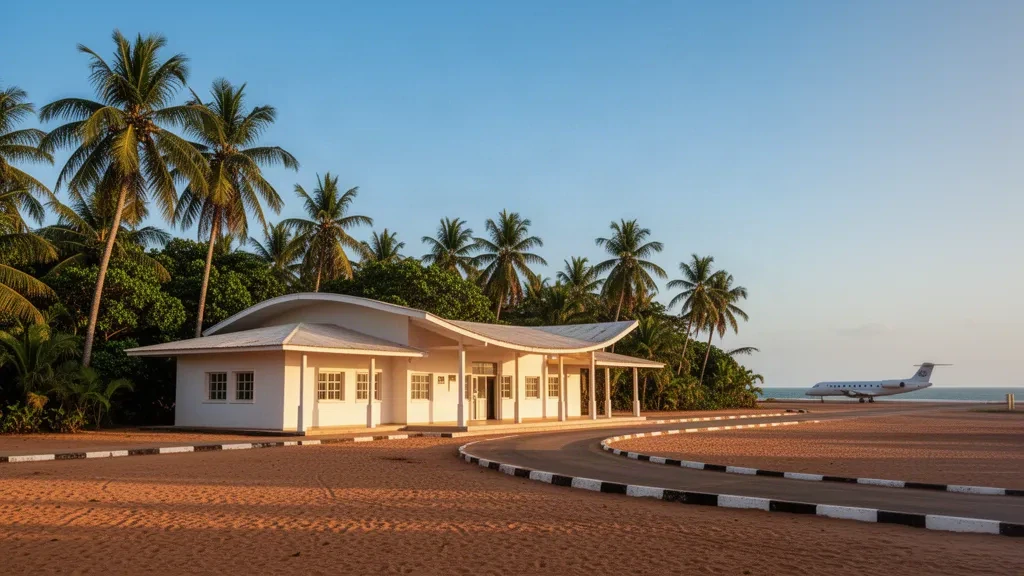 Terminal basso e piazzale alberato di palme all'Aeroporto di Cap Skirring nella regione senegalese della Casamance sotto una calda luce pomeridiana