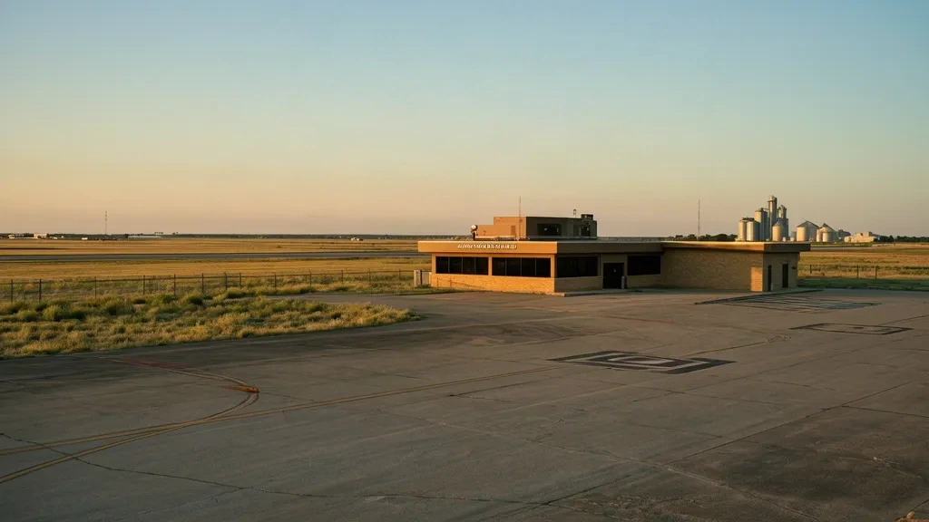 Single-story terminal and long concrete runway at Clinton-Sherman Airport near Burns Flat, Oklahoma, under warm late-day prairie light