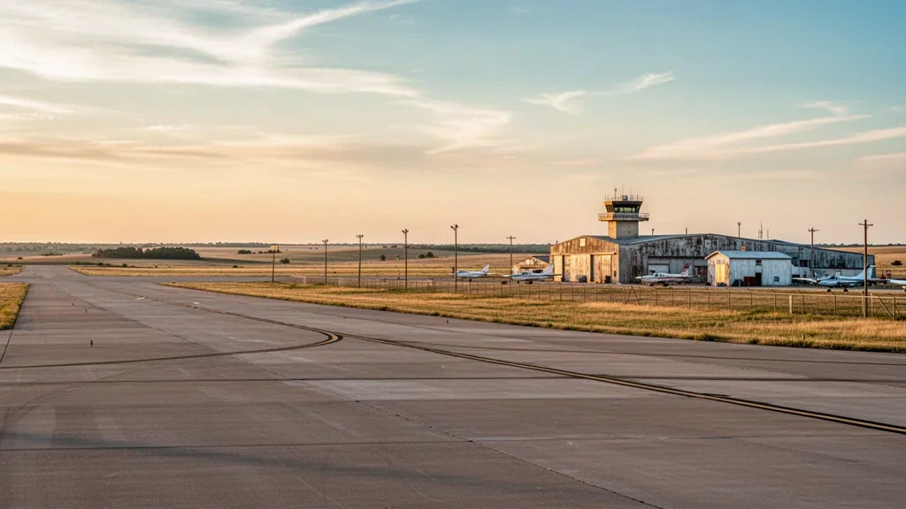 Amplia vista durante la hora dorada de la larga pista, la torre de control y los hangares del aeropuerto Clinton-Sherman en Burns Flat, Oklahoma.