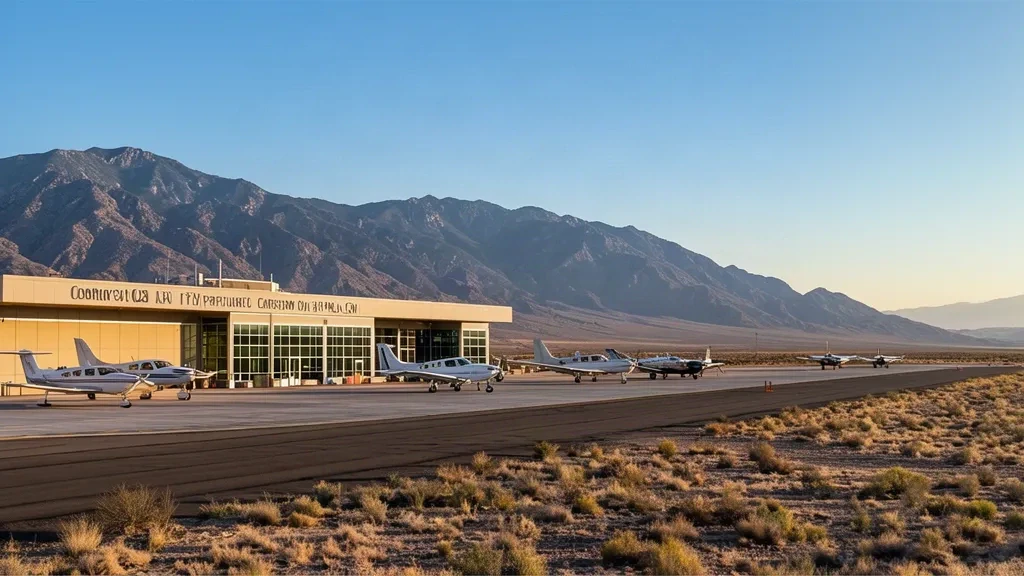 Esterno del terminal dell'aeroporto di Carson City (CSN) in Nevada con piccoli aerei parcheggiati sulla piazzola e le montagne della Sierra Nevada sullo sfondo.