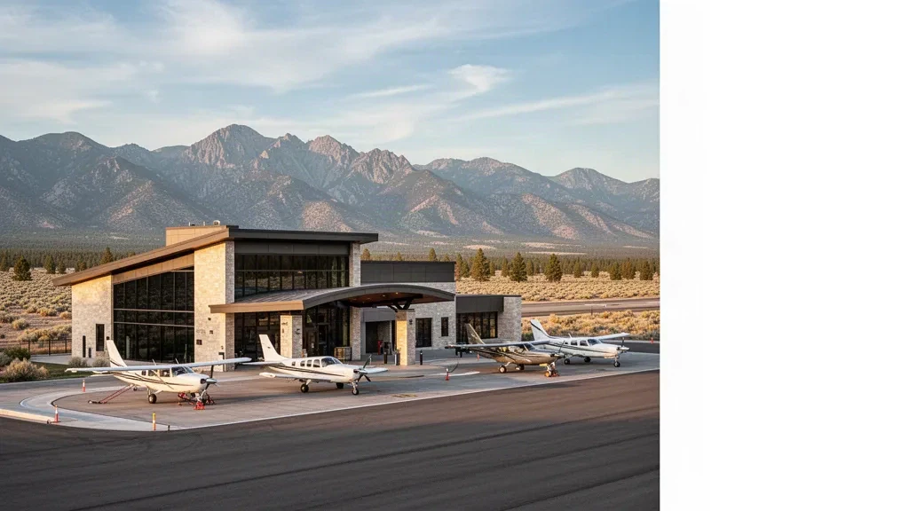 Carson City Havalimanı terminali ve altın saatlerde Sierra Nevada eteklerinin altındaki hafif uçaklarla apron