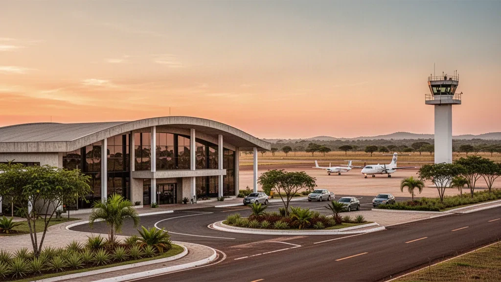 Modern regional airport terminal in Cassilândia, Brazil, with glass facade, control tower and apron at golden hour